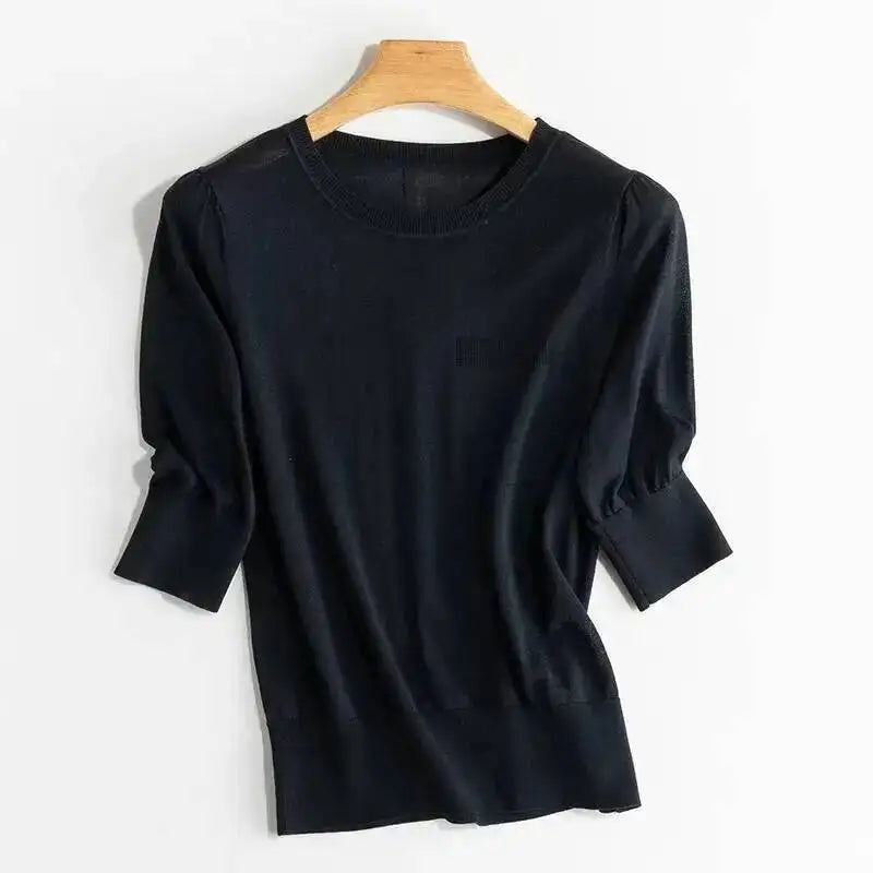 Women 5% Mulberry Silk Knit T-shirt Spring Summer Thin Half Sleeve Knitwear Pullover Tops