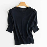 Women 5% Mulberry Silk Knit T-shirt Spring Summer Thin Half Sleeve Knitwear Pullover Tops