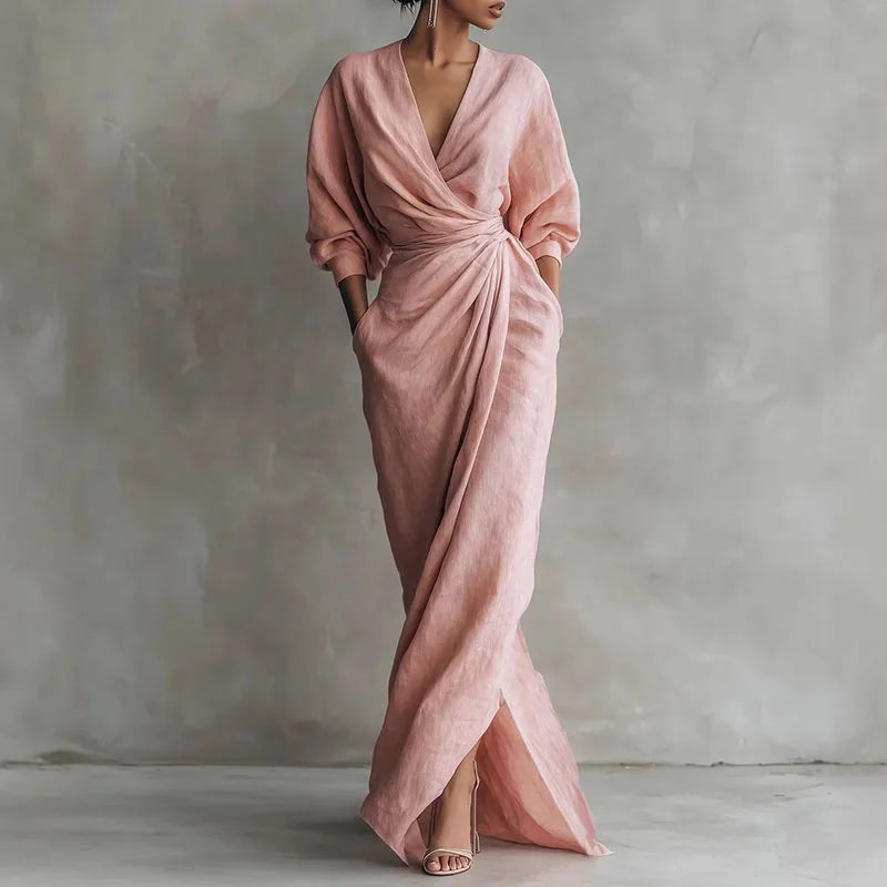Women's Sexy V Neck Wrap Waist Long Dresses 2026 Spring Casual Solid Slim Bodycon Hips Dress Elegant Long Sleeve Slit Maxi Dress