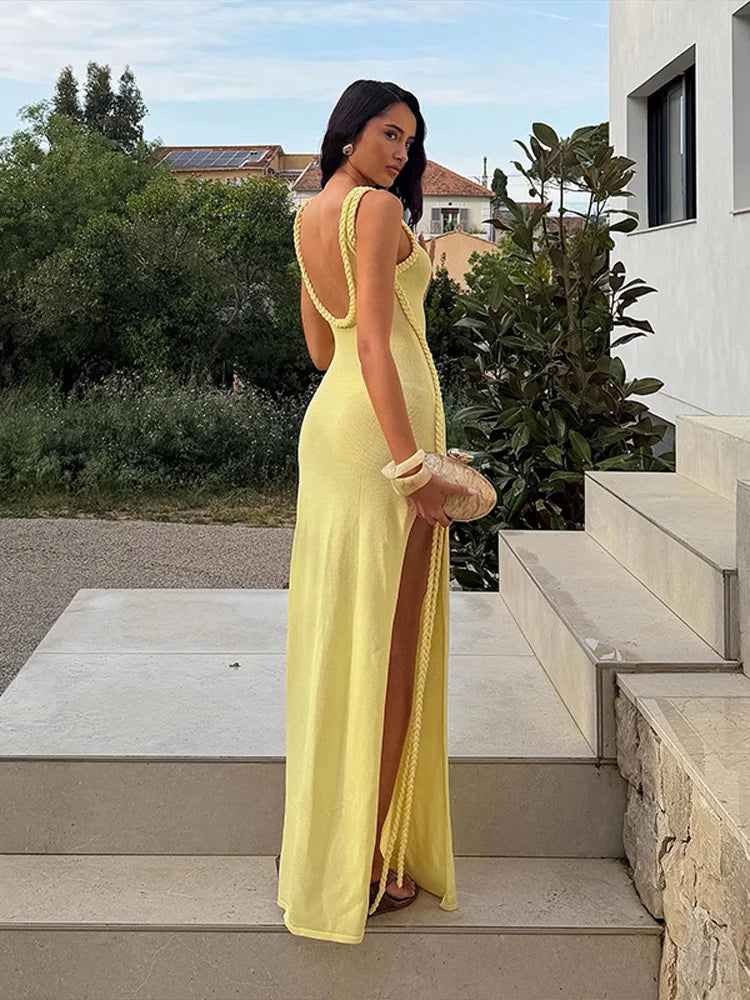 Halter Neck Knitted Women's Dress Braided Trim Cutout High Slit Solid Party Evening Maxi Dress For Women 2026 New Fashion