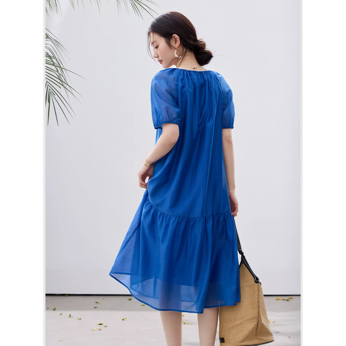 VIMLY Summer Women's Klein Blue Dress 2026 New Short Sleeve A-Line French Tie Waist Puff Sleeve Midi Dresses A5229