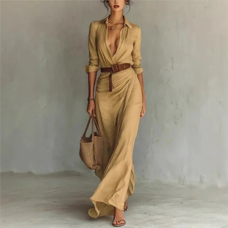 Women's Fashion Solid Holiday Party Dress Elegant Lapel Button Draped Long Dress Casual Long Sleeve Match With Belt Shirt Dress