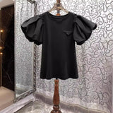 Vintage Simple Tshirts for Women Summer T-shirts Puff Sleeve O-neck Tees All Match Tops Fashion Sweet White Tees 2026 Ropa Mujer