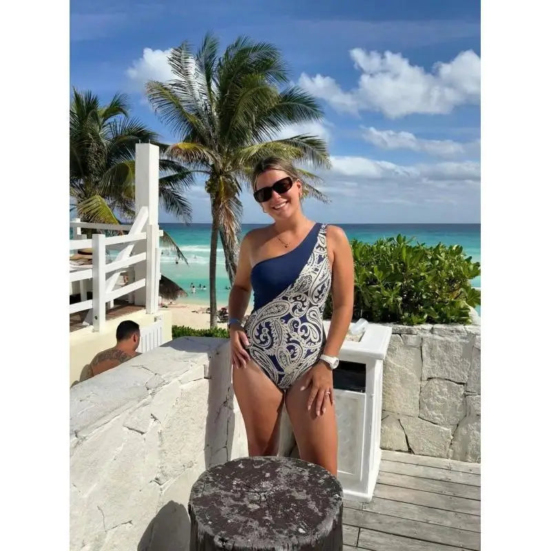 Party Swimsuit and Skirt Flaxmaker Summer One Shoulder Blue Color Block Paisley Print Swimsuit Retro Bikini Biquini conjunto de
