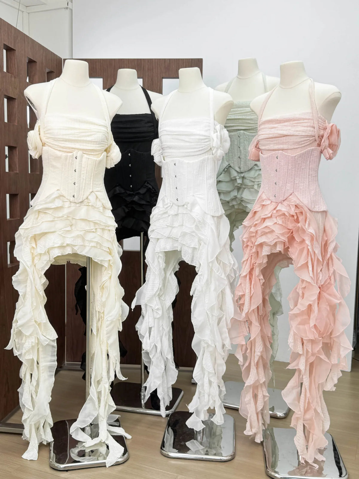 Women Sexy Short Dress Three Piece Sets Sexy Halter Neck Folds Ruffled Dress+Lace-up Corset Top+Shorts Suits Party Cocktail