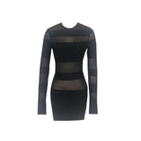 Women's Patchwork Sheer Mesh Stripe Mini Dress, Long Sleeve, Sexy, See Through, Slim, Warm Hip, Short, Partywear, New Arrival