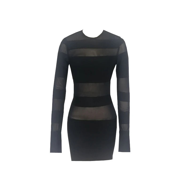 Women's Patchwork Sheer Mesh Stripe Mini Dress, Long Sleeve, Sexy, See Through, Slim, Warm Hip, Short, Partywear, New Arrival