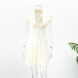 White Polka Dot Slim Women Summer Dress Solid Deep V-neck Puff Sleeves Pleated Front Button Short Dresses 2026 Lady Daily Wear
