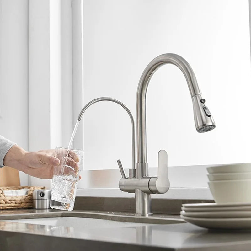 Brushed Nickel Filtered Crane For Kitchen Pull Out Spray 360 Rotation Water Filter Tap Three Ways Sink Mixer Kitchen Faucet