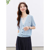 VIMLY Women's Office 2 in 1 Knit T-shirt 2026 Summer New Light Blue Fashion Casual Contrast Color Design Short Sleeve Top 30932