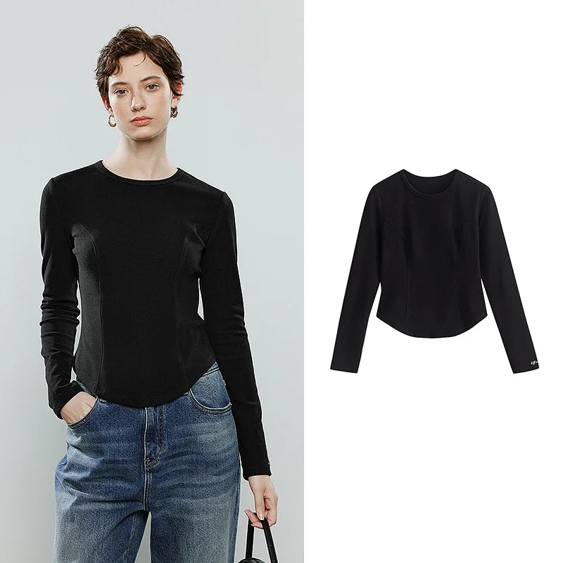 TOYOUTH Women Long-Sleeve T-Shirts 2025 Winter NewAsymmetric Short Slim Stylish Thin Fleece Warm Long-Sleeve Base-Layer Top