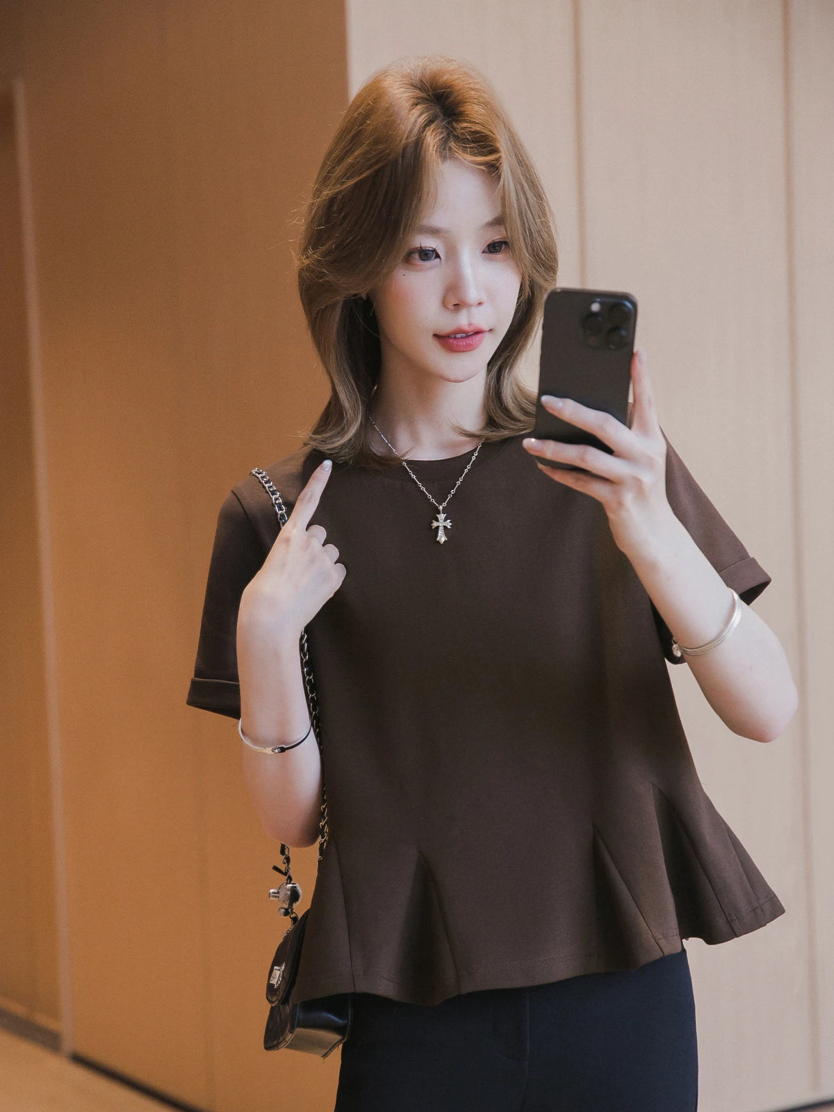 XIAOGULI Women Solid Brown Short Sleeve Cotton T-Shirt 2026 Summer New Ruffle Hem Soft Breathable Versatile Chic Daily Wear Tops
