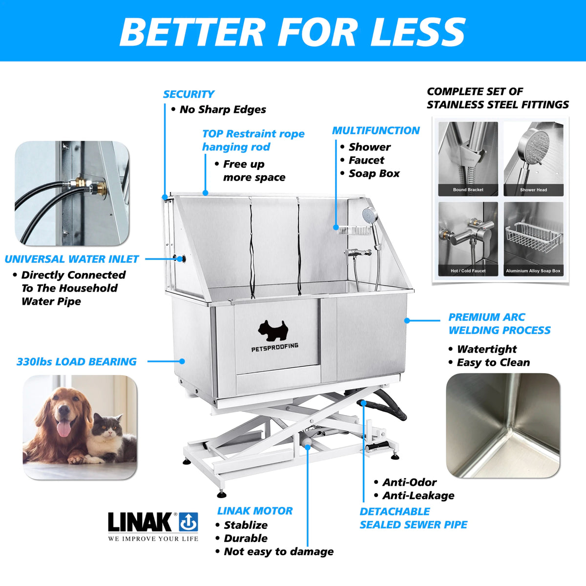 Multifunctional Electric Lifting Stainless Steel Dog Shower Spa Tub Salon Relaxing Comfortable Grooming for Dogs and Cats