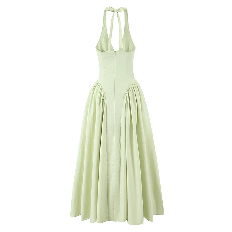 YENKYE Sexy Backless Green Elegant Halter Dress For Women Low Waist A-line Midi Summer Evening Party Dresses Cotton Robe