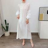YUDX Luxury Purple Miyake Pleated High Neck Maxi Evening Dress, Ruffle Sleeve Women's Wedding Guest Ramadan Party Dress 2026 New