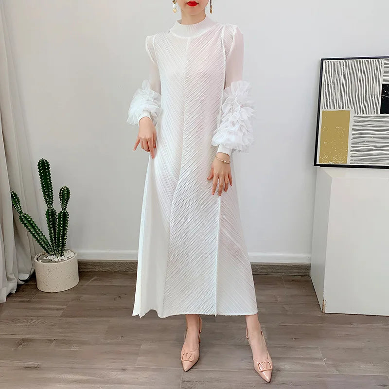 YUDX Luxury Purple Miyake Pleated High Neck Maxi Evening Dress, Ruffle Sleeve Women's Wedding Guest Ramadan Party Dress 2026 New