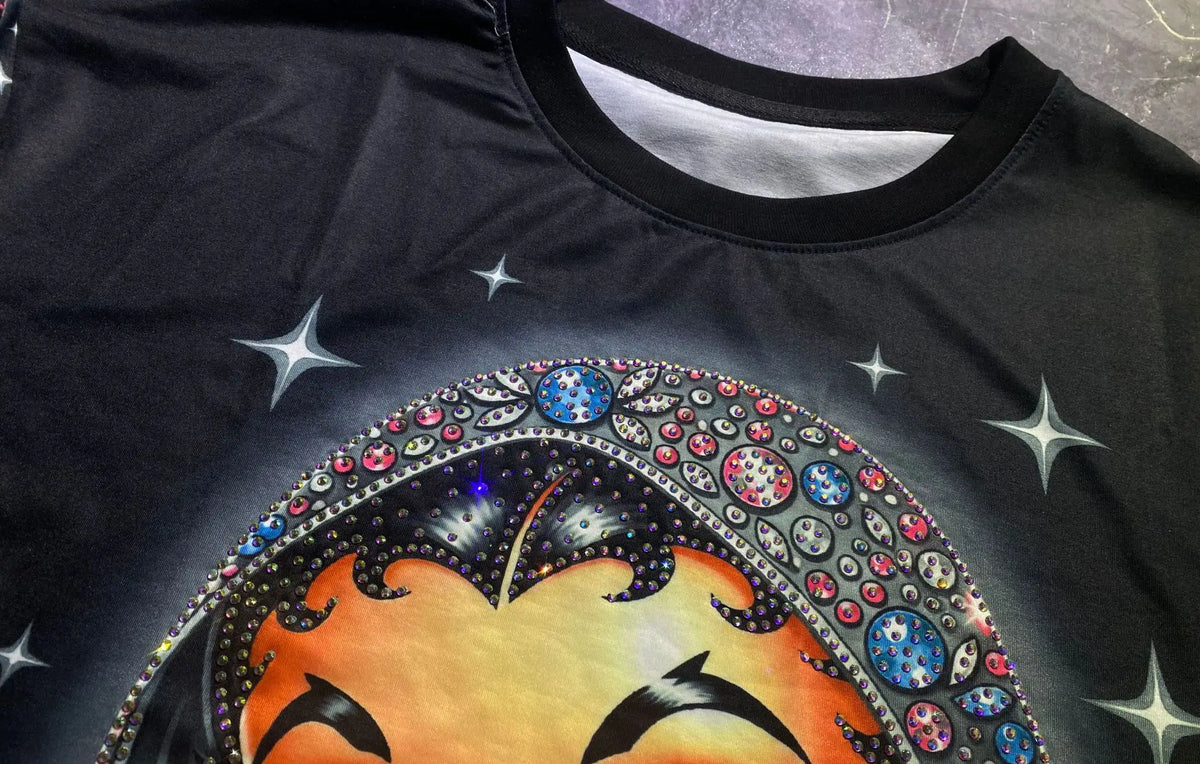 Oversized Short Sleeve Tees for Women Summer Clothing Cartoon Girl Printed Rhinestones Casual Loose O Neck T-Shirts Knitwear