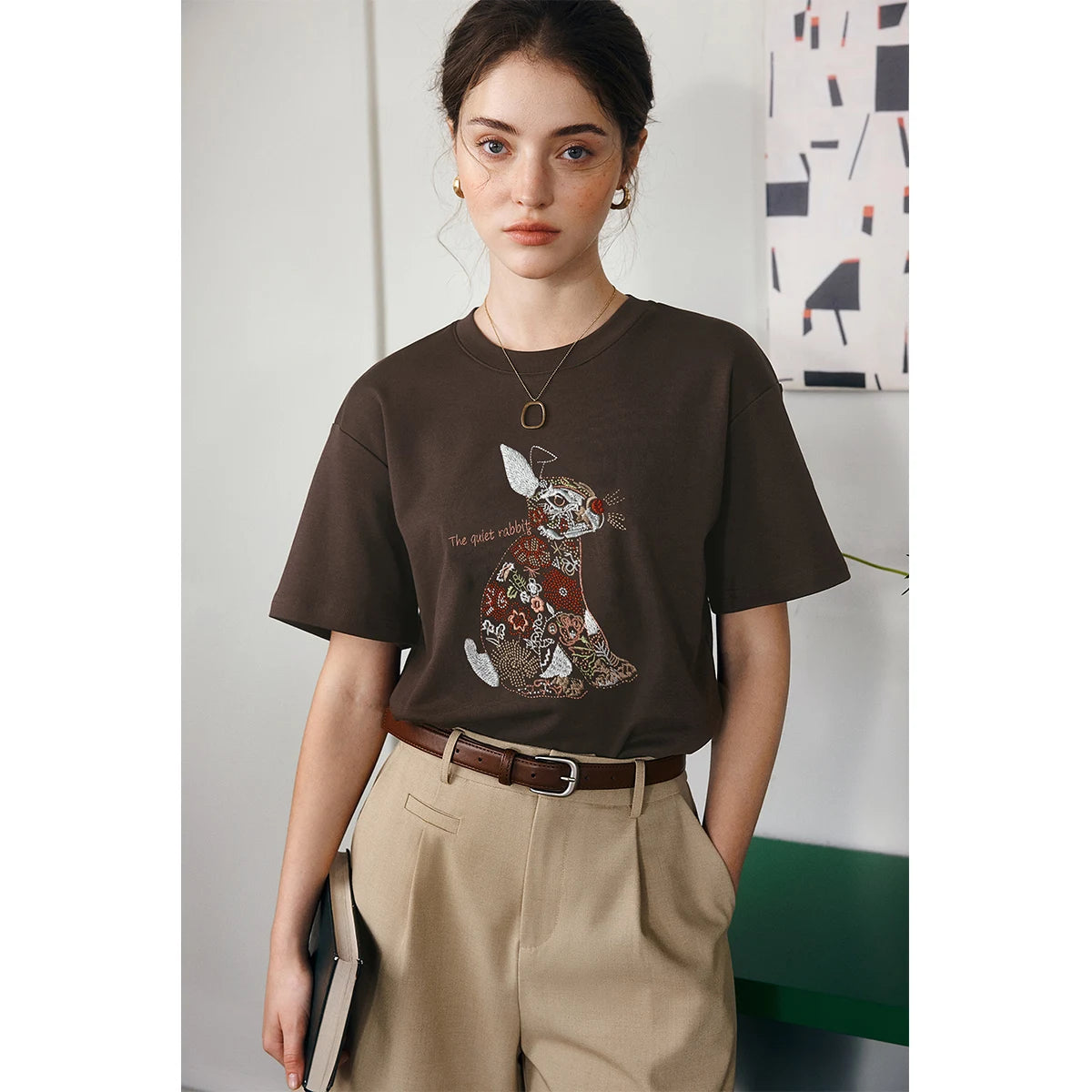OLrain Women Oversized T-shirt 2026 Summer New Heavy Industry Embroidery Coffee Casual Tees Temperament Crew Neck Top O57XT98109