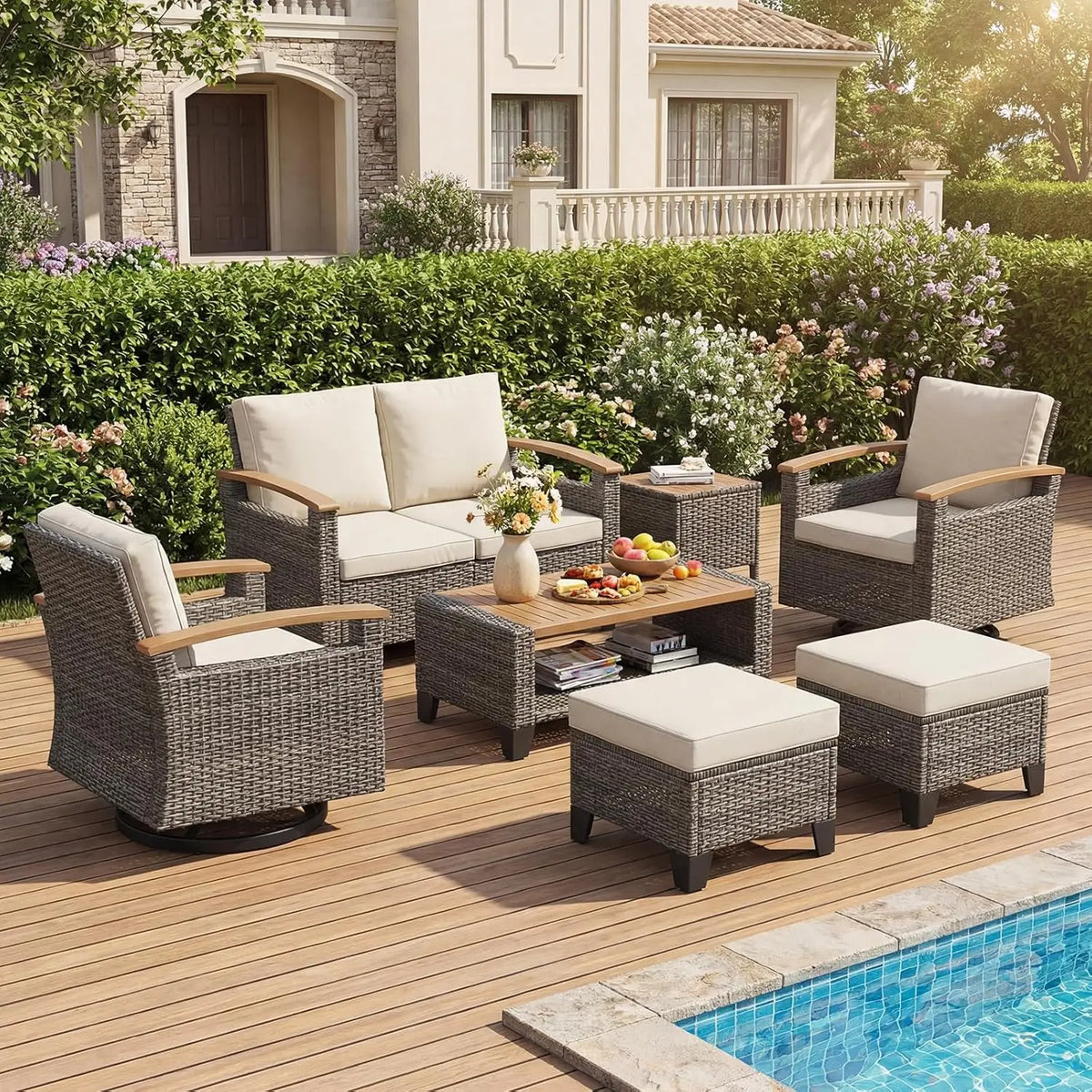 7 Piece Patio Furniture Set, Wicker Patio Conversation Set with Swivel Glider, Loveseat Sofa, 2