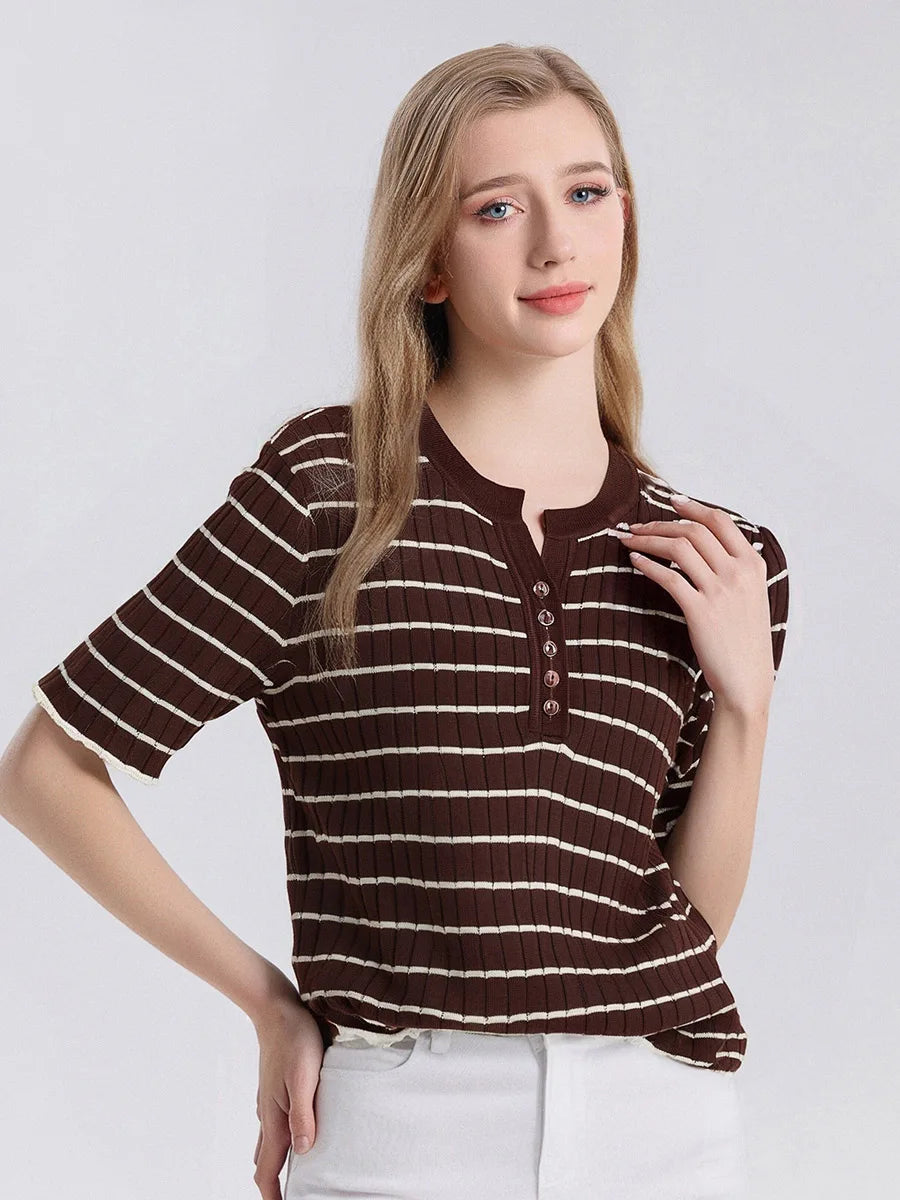 SuyaDream, Women Strips T Shirt, Round Neck, Short Sleeves Chic Shirt, 70%Silk 30%Cotton, 2025 Spring Summer Cozy Top