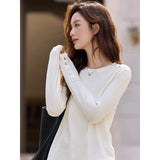 VIMLY White T-shirt Women Basic Minimalist Shell Button Design Long Sleeve Tees 2026 Fall Daily Causal Crew Neck T-shirts A3912