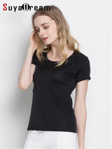 SuyaDream Woman Silk T Shirt Knitted Real Silk Short Sleeved O Neck Solid Basic Tee Simple Summer Top Black White