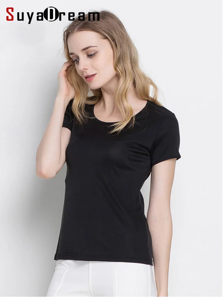 SuyaDream Woman Silk T Shirt Knitted Real Silk Short Sleeved O Neck Solid Basic Tee Simple Summer Top Black White