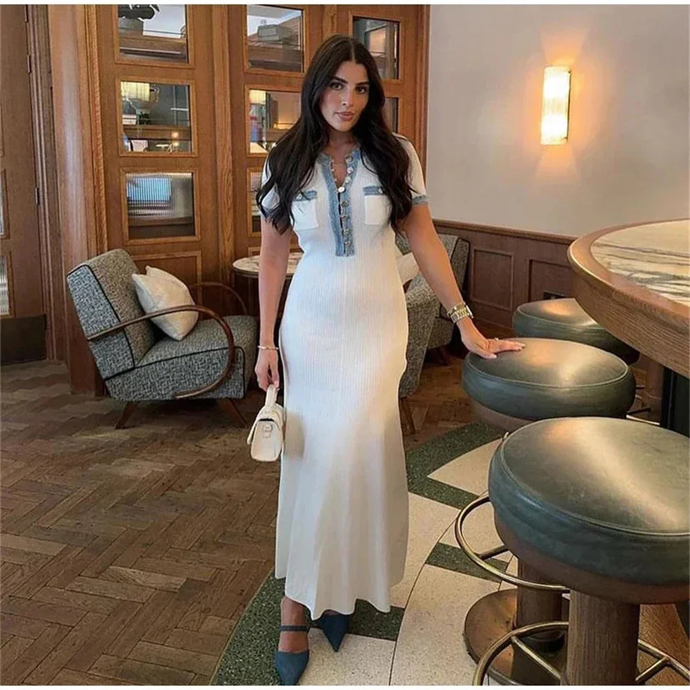 Elegant Contrasting Women Knit Maxi Dress Chic O-neck Short Sleeve Metal Buttons Bodycon Dresses Office Lady Commuting Robe
