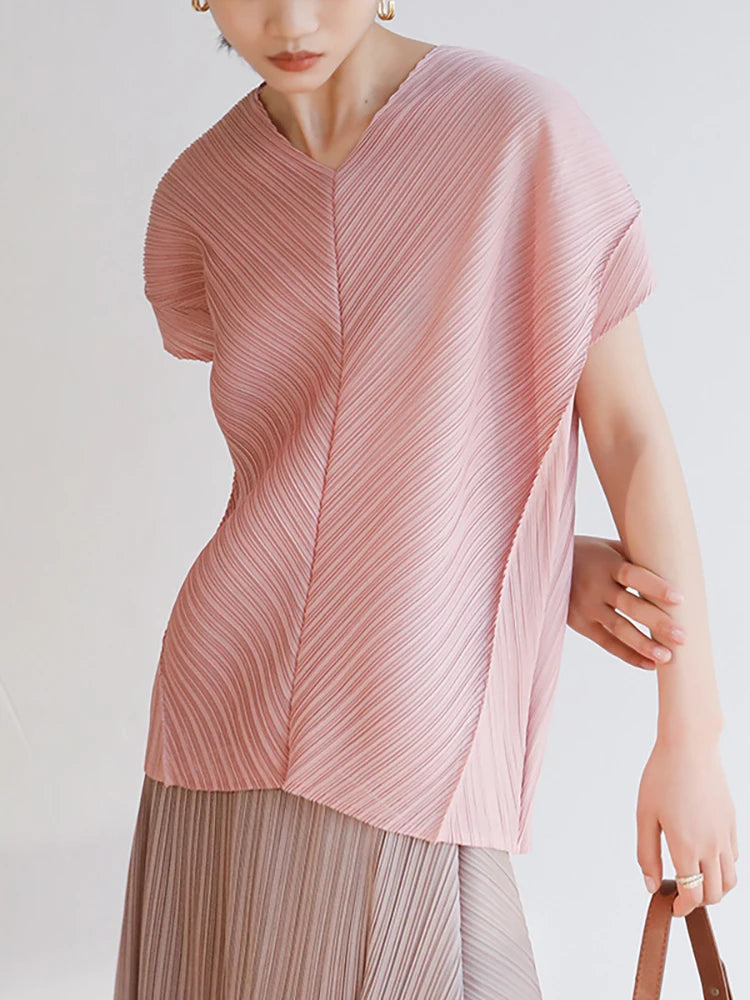 Miyake Pleated Drop Sleeves V-neck T-shirt Women's Korean Fashion Casual Tops Designer Aesthetic Clothing