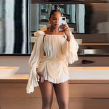 Sexy Trendy Beige Mesh Fold Irregular Dress Women Chic Square Collar Flared Sleeve Pleat Hollow Out Gown Summer Club Party Wear