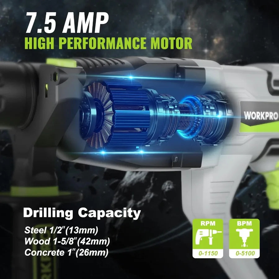 1-1/4 Inch SDS-Plus Rotary Hammer Drill 7.5AMP Lightweight Corded Version for Concrete Demolition Chipping Rotomartillo