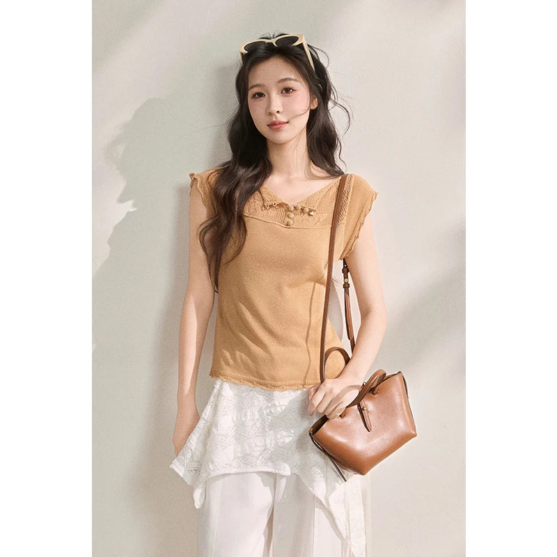 MISHOW Cool Linen Flying Sleeve Knitted Lapel T-shirt 2026 Summer Casual Style Tees Hollow-out Hook Flower Design Top MXF16Z3033