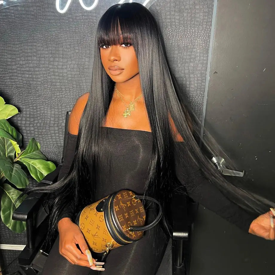 34 Inch 3X1 Middle Part Lace Wig Straight Human Hair Wigs With Bangs Brazilian Full Machine Made 100% Human Hair Wigs For Women