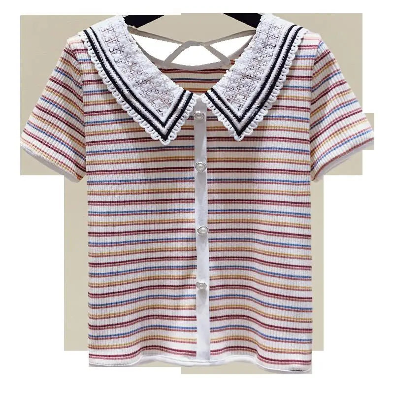 Summer New Chromatic Stripe Doll Collar Short Sleeve T-Shirt Female Small Sweet Wind Design Feeling Hollow Out Backless Coat