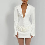 2025 Fashion Solid Color Mini Dress Autumn Winter Sexy Deep V Waist A-line Dress Women Elegant Temperament Pleated Evening Dress