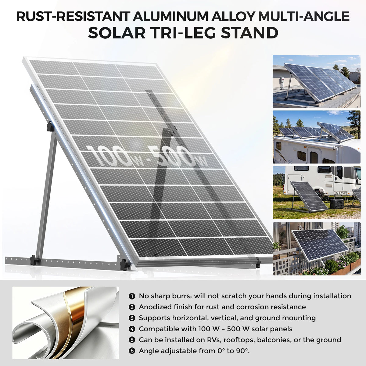 RVPOZWER 47in Adjustable Solar Panel Mount Bracket Heavy‑Duty Tilt Legs Stand 1/2/4 PCS for Roof RV Caravan Boat Off‑Grid Outdoor Solar Panel Installation
