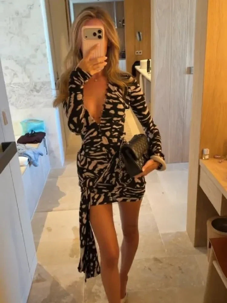 Sexy Black Print Wrap Mini Dress Women Long Sleeve Deep V Neck Button Tie Waist Trendy Bodycon Party Gown Chic Evening Clubwear