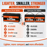 Buknuwo 24V 100Ah Bluetooth And Non-Bluetooth LiFePO4 Lithium Battery, Built-in 100A BMS Low Temperature Protection Capable Of Over 8000 Deep Cycles Support Parallel Battery And 1/2/4 Pack Available For Trolling Motor, Marine, RV, Solar