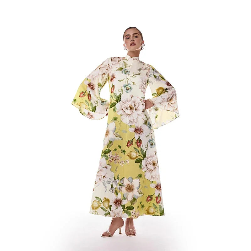 Elegant Long Print Women Dress Vacation Stand Collar Full Flare Sleeve Waist-cinching Female Dresses 2026 Summer Lady Robe New