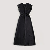 Women's Minimalist Mid-Calf Dress Round Neck Summer Ladies Zipper Draping Pleated Elegant Robe