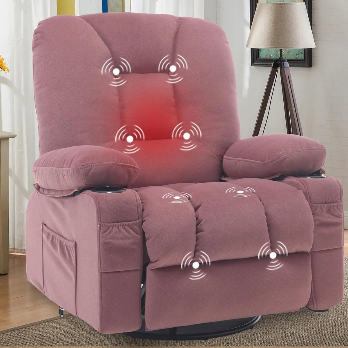 Rocker Recliner Chairs for Adults, Swivel Recliners with Massage and Heat, Fabric Overstuffed Glider with Cup, Customized