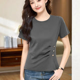 Grey pure cotton short sleeved T-shirt women's summer new high-end fashion plus size waist cinched hem slit pleated casual top
