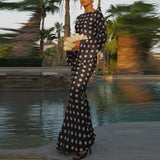 Fashion Polka Dot Print Evening Long Dress Women's Elegant O-neck Hight Waist Party Dress Casual Flared Sleeve Slim Gowns Dress