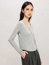 SuyaDream Women Solid Short T Shirts, Silk Viscose Blend, V Neck, Long Sleeved Tee, 2025 Spring Autumn Crop Top