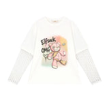 ELFSACK Cute Bear Print T-Shirt for Women, Oversized Graphic Tee for Summer, Casual Top with Polka Dot Lace Long Sleeve