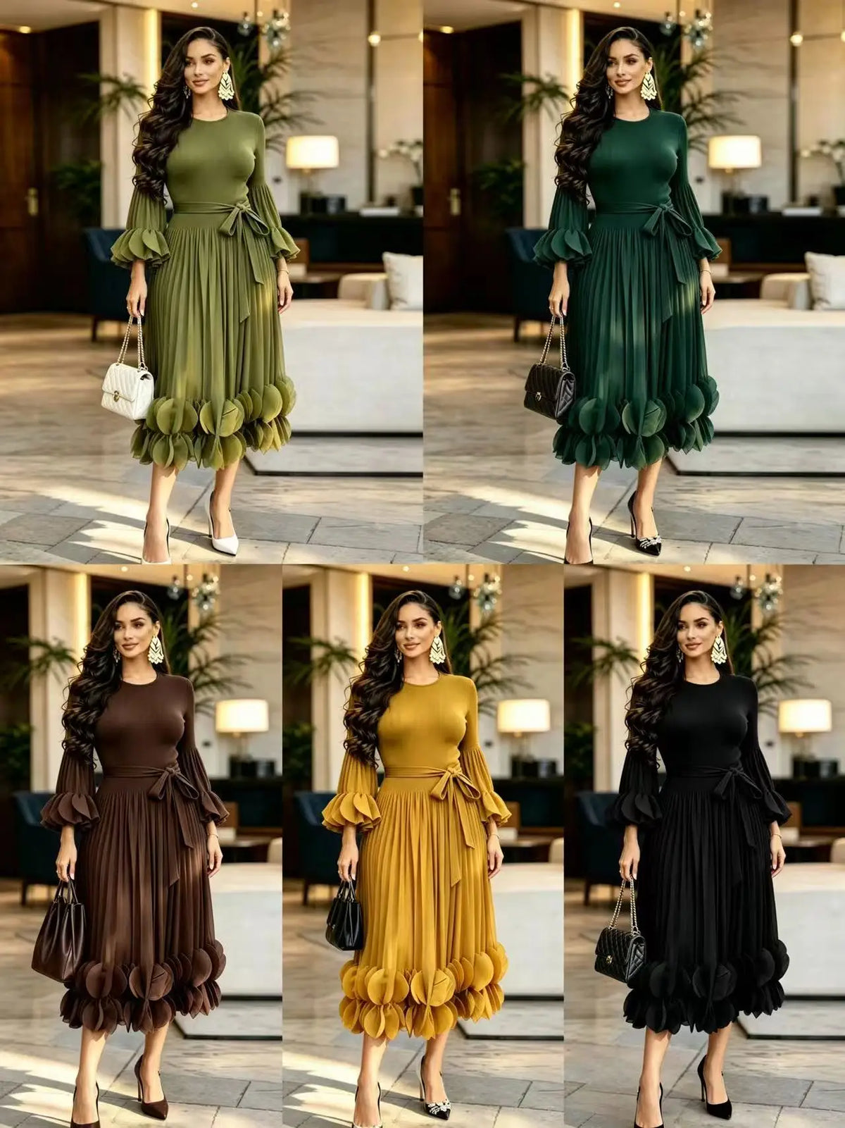 2026 Miyake Light Luxury High-end Round Neck Dress Women's Summer Pleated Ruffle Edge Design Temperament Long Dress