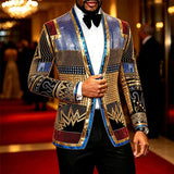 Men African Inspired Multicolor Sequin Blazer Shawl Lapel Gold Geometric Pattern Slim Fit Jacket Wedding Groom Tuxedo For Party Prom