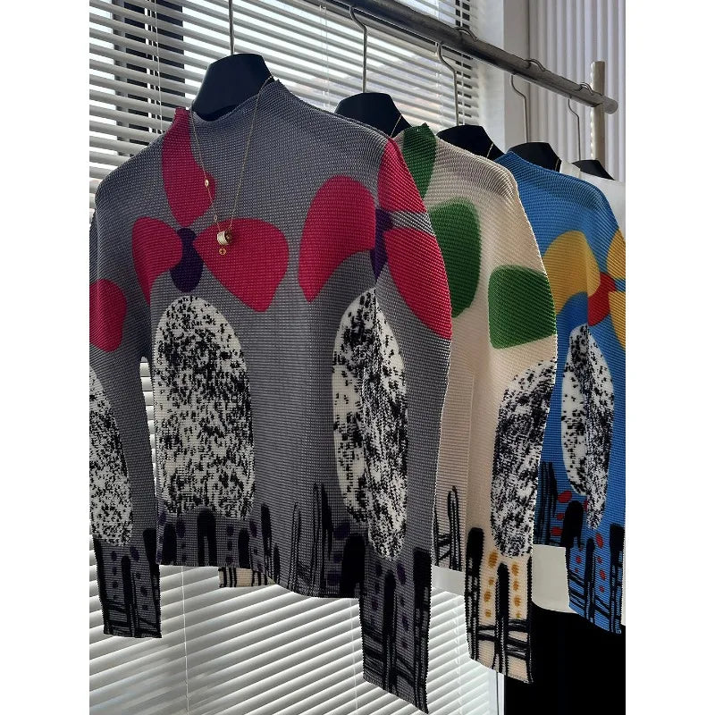 Miyake Pleated T-Shirt Plisse Unique Printed Long-Sleeve Pleats Top Spring/Summer 2026 Slightly High-Necked Fitted Fold T-Shirt