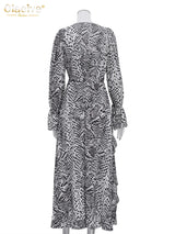 Clacive Fashion Loose Print Women's Dress 2025 Sexy V-Neck Long Sleeve Ankle Length Dresses Elegant Classic Ruffles Female Dress