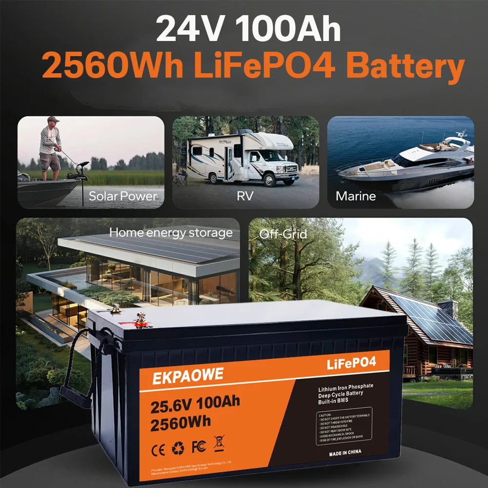 EKPAOWE 24V 25.6V 100AH LiFePO4 Battery 6000+ Deep Cycles Rechargeable Lithium Battery Pack up to 48V 51.2V 400Ah Low-Temp Protection For Fishing, Portable Power Station, Golf Cart, Boat, Camper, Marine, Trolling Motor, Off-Grid, Solar Energy Storage